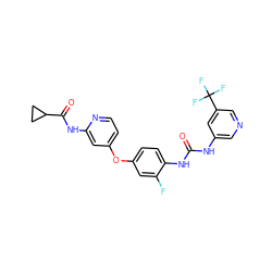 O=C(Nc1cncc(C(F)(F)F)c1)Nc1ccc(Oc2ccnc(NC(=O)C3CC3)c2)cc1F ZINC001772614655