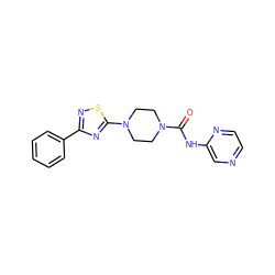 O=C(Nc1cnccn1)N1CCN(c2nc(-c3ccccc3)ns2)CC1 ZINC000042922486