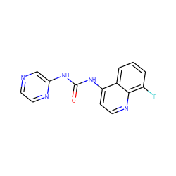 O=C(Nc1cnccn1)Nc1ccnc2c(F)cccc12 ZINC000063298416