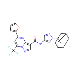 O=C(Nc1cnn(C23CC4CC(CC(C4)C2)C3)c1)c1cnn2c(C(F)(F)F)cc(-c3ccco3)nc12 ZINC000004195747