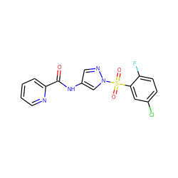 O=C(Nc1cnn(S(=O)(=O)c2cc(Cl)ccc2F)c1)c1ccccn1 ZINC000116775440