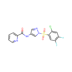 O=C(Nc1cnn(S(=O)(=O)c2cc(F)c(F)cc2Cl)c1)c1ccccn1 ZINC000116776441