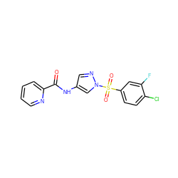 O=C(Nc1cnn(S(=O)(=O)c2ccc(Cl)c(F)c2)c1)c1ccccn1 ZINC000116775777