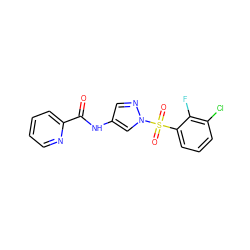 O=C(Nc1cnn(S(=O)(=O)c2cccc(Cl)c2F)c1)c1ccccn1 ZINC000116776371