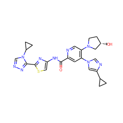 O=C(Nc1csc(-c2nncn2C2CC2)n1)c1cc(-n2cnc(C3CC3)c2)c(N2CC[C@H](O)C2)cn1 ZINC000219018242