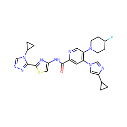 O=C(Nc1csc(-c2nncn2C2CC2)n1)c1cc(-n2cnc(C3CC3)c2)c(N2CCC(F)CC2)cn1 ZINC001772636372