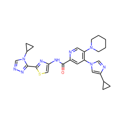 O=C(Nc1csc(-c2nncn2C2CC2)n1)c1cc(-n2cnc(C3CC3)c2)c(N2CCCCC2)cn1 ZINC000219015089