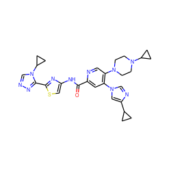 O=C(Nc1csc(-c2nncn2C2CC2)n1)c1cc(-n2cnc(C3CC3)c2)c(N2CCN(C3CC3)CC2)cn1 ZINC001772624572