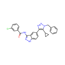 O=C(Nc1n[nH]c2ccc(-c3nnn(Cc4ccccc4)c3C3CC3)cc12)c1cccc(Cl)c1 ZINC000146583015