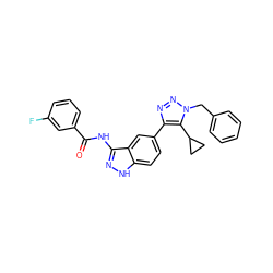 O=C(Nc1n[nH]c2ccc(-c3nnn(Cc4ccccc4)c3C3CC3)cc12)c1cccc(F)c1 ZINC000147828517