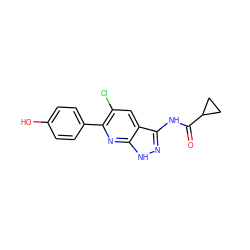 O=C(Nc1n[nH]c2nc(-c3ccc(O)cc3)c(Cl)cc12)C1CC1 ZINC000013538546