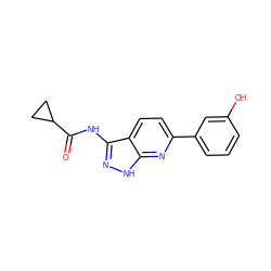 O=C(Nc1n[nH]c2nc(-c3cccc(O)c3)ccc12)C1CC1 ZINC000012354843