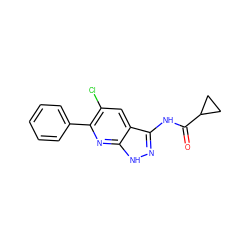 O=C(Nc1n[nH]c2nc(-c3ccccc3)c(Cl)cc12)C1CC1 ZINC000013538557