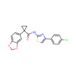 O=C(Nc1nc(-c2ccc(Cl)cc2)cs1)C1(c2ccc3c(c2)OCO3)CC1 ZINC000137111748