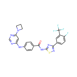 O=C(Nc1nc(-c2ccc(F)c(C(F)(F)F)c2)ns1)c1ccc(Nc2cc(N3CCC3)ncn2)cc1 ZINC000028953216