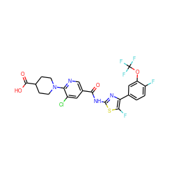 O=C(Nc1nc(-c2ccc(F)c(OC(F)(F)F)c2)c(F)s1)c1cnc(N2CCC(C(=O)O)CC2)c(Cl)c1 ZINC000053276556