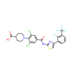 O=C(Nc1nc(-c2cccc(C(F)(F)F)c2F)cs1)c1cc(Cl)c(N2CCC(C(=O)O)CC2)c(Cl)c1 ZINC000044358885