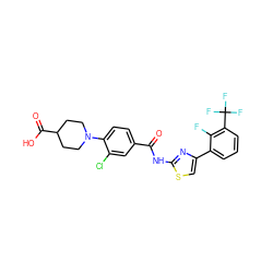 O=C(Nc1nc(-c2cccc(C(F)(F)F)c2F)cs1)c1ccc(N2CCC(C(=O)O)CC2)c(Cl)c1 ZINC000044360627