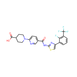 O=C(Nc1nc(-c2cccc(C(F)(F)F)c2F)cs1)c1ccc(N2CCC(C(=O)O)CC2)nc1 ZINC000034803917