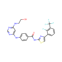 O=C(Nc1nc(-c2cccc(C(F)(F)F)c2F)cs1)c1ccc(Nc2cc(NCCO)ncn2)cc1 ZINC000028952849