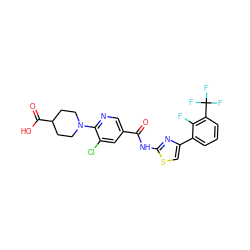 O=C(Nc1nc(-c2cccc(C(F)(F)F)c2F)cs1)c1cnc(N2CCC(C(=O)O)CC2)c(Cl)c1 ZINC000042889384