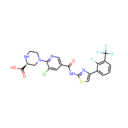 O=C(Nc1nc(-c2cccc(C(F)(F)F)c2F)cs1)c1cnc(N2CCN[C@H](C(=O)O)C2)c(Cl)c1 ZINC000049878097