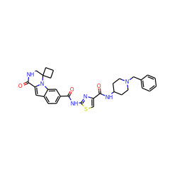 O=C(Nc1nc(C(=O)NC2CCN(Cc3ccccc3)CC2)cs1)c1ccc2cc3n(c2c1)C1(CCC1)CNC3=O ZINC000029127735