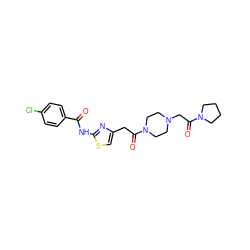 O=C(Nc1nc(CC(=O)N2CCN(CC(=O)N3CCCC3)CC2)cs1)c1ccc(Cl)cc1 ZINC000043120324