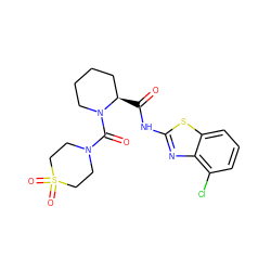 O=C(Nc1nc2c(Cl)cccc2s1)[C@@H]1CCCCN1C(=O)N1CCS(=O)(=O)CC1 ZINC000218516217