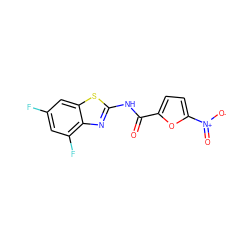 O=C(Nc1nc2c(F)cc(F)cc2s1)c1ccc([N+](=O)[O-])o1 ZINC000003165753