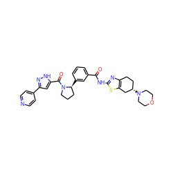 O=C(Nc1nc2c(s1)C[C@@H](N1CCOCC1)CC2)c1cccc([C@H]2CCCN2C(=O)c2cc(-c3ccncc3)n[nH]2)c1 ZINC000220427243