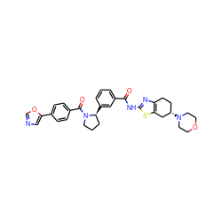 O=C(Nc1nc2c(s1)C[C@@H](N1CCOCC1)CC2)c1cccc([C@H]2CCCN2C(=O)c2ccc(-c3cnco3)cc2)c1 ZINC000141660921