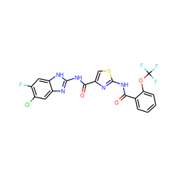 O=C(Nc1nc2cc(Cl)c(F)cc2[nH]1)c1csc(NC(=O)c2ccccc2OC(F)(F)F)n1 ZINC000653807526