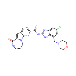 O=C(Nc1nc2cc(Cl)cc(CN3CCOCC3)c2[nH]1)c1ccc2cc3n(c2n1)CCCNC3=O ZINC000117709711