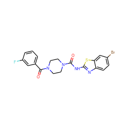 O=C(Nc1nc2ccc(Br)cc2s1)N1CCN(C(=O)c2cccc(F)c2)CC1 ZINC000112969475