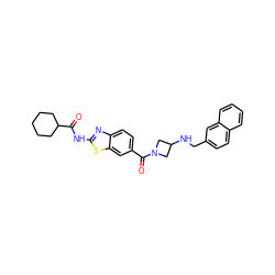 O=C(Nc1nc2ccc(C(=O)N3CC(NCc4ccc5ccccc5c4)C3)cc2s1)C1CCCCC1 ZINC000028967521