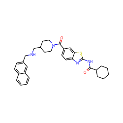 O=C(Nc1nc2ccc(C(=O)N3CCC(CNCc4ccc5ccccc5c4)CC3)cc2s1)C1CCCCC1 ZINC000028967543