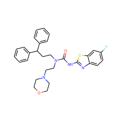 O=C(Nc1nc2ccc(F)cc2s1)N(CCC(c1ccccc1)c1ccccc1)CCN1CCOCC1 ZINC000096258246