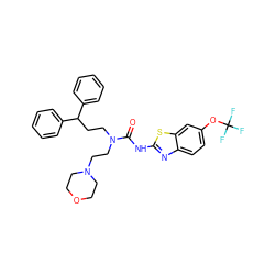 O=C(Nc1nc2ccc(OC(F)(F)F)cc2s1)N(CCC(c1ccccc1)c1ccccc1)CCN1CCOCC1 ZINC000096258265