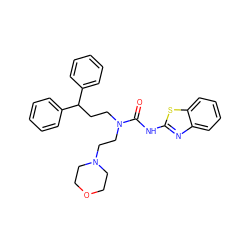 O=C(Nc1nc2ccccc2s1)N(CCC(c1ccccc1)c1ccccc1)CCN1CCOCC1 ZINC000096258226