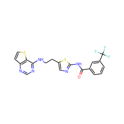 O=C(Nc1ncc(CCNc2ncnc3ccsc23)s1)c1cccc(C(F)(F)F)c1 ZINC000040896907