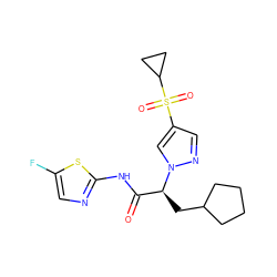 O=C(Nc1ncc(F)s1)[C@H](CC1CCCC1)n1cc(S(=O)(=O)C2CC2)cn1 ZINC000141692785