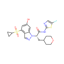 O=C(Nc1ncc(F)s1)[C@H](CC1CCOCC1)n1ncc2c(S(=O)(=O)C3CC3)cc(O)cc21 ZINC000149131492