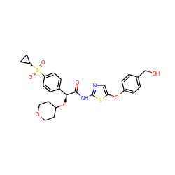 O=C(Nc1ncc(Oc2ccc(CO)cc2)s1)[C@@H](OC1CCOCC1)c1ccc(S(=O)(=O)C2CC2)cc1 ZINC000113272372