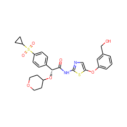 O=C(Nc1ncc(Oc2cccc(CO)c2)s1)[C@H](OC1CCOCC1)c1ccc(S(=O)(=O)C2CC2)cc1 ZINC000218897446