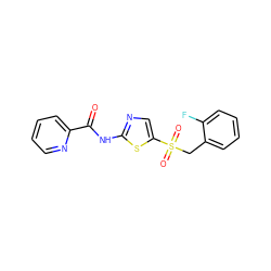 O=C(Nc1ncc(S(=O)(=O)Cc2ccccc2F)s1)c1ccccn1 ZINC000198913415