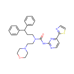 O=C(Nc1nccc(-c2nccs2)n1)N(CCC(c1ccccc1)c1ccccc1)CCN1CCOCC1 ZINC000096258235