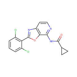 O=C(Nc1nccc2nc(-c3c(Cl)cccc3Cl)oc12)C1CC1 ZINC001772584369