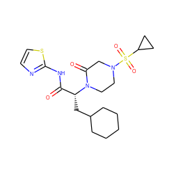 O=C(Nc1nccs1)[C@@H](CC1CCCCC1)N1CCN(S(=O)(=O)C2CC2)CC1=O ZINC000095604987