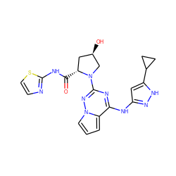 O=C(Nc1nccs1)[C@@H]1C[C@@H](O)CN1c1nc(Nc2cc(C3CC3)[nH]n2)c2cccn2n1 ZINC000143318360